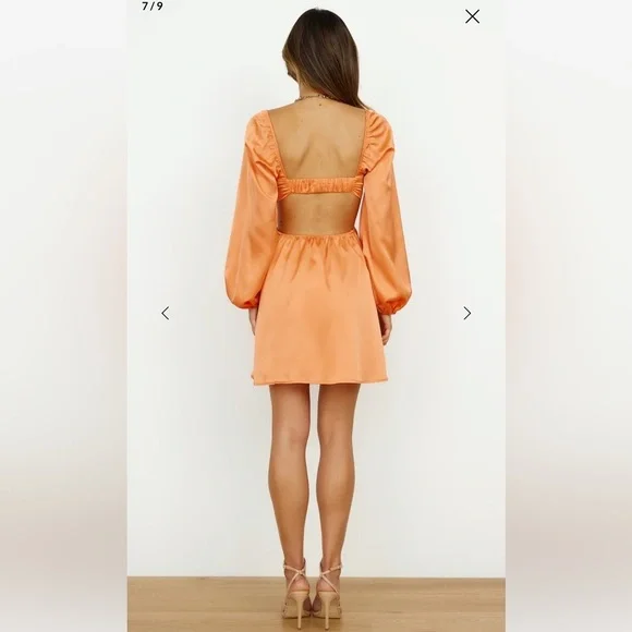 Hello Molly NWT Satin Open Back Cut Out Long Sleeve Orange Mini Dress Medium - Picture 3 of 12
